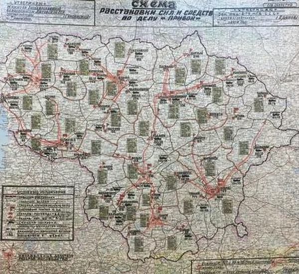 Карта-схема розподілу сил і засобів у операції масової депортації «Прибій». Джерело: Lietuvos Ypatingasis Archyvas.